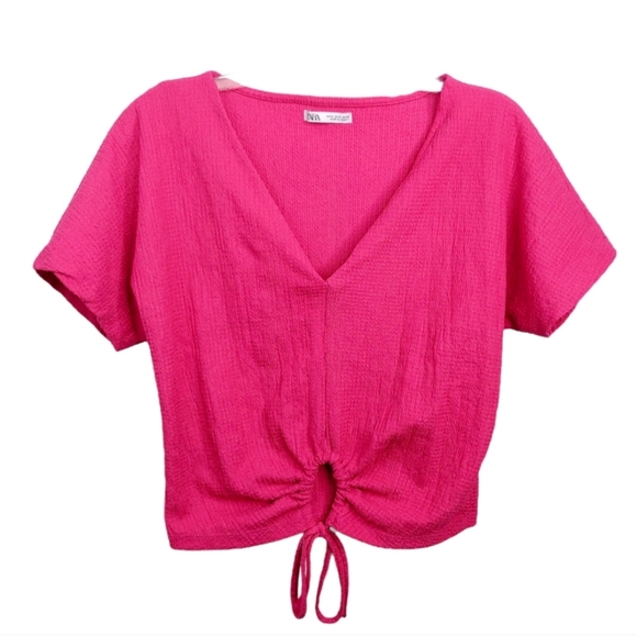 Zara Pink Short Sleeve Drawstring V Neck Relaxed Crop Top Women's Size Small S - Picture 10 of 11